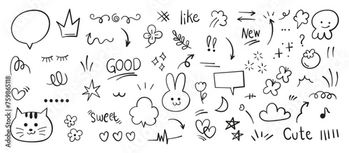 Set of pen line doodle element vector. Hand drawn doodle style collection of heart, arrows, scribble, speech bubble, star, bird, words. 