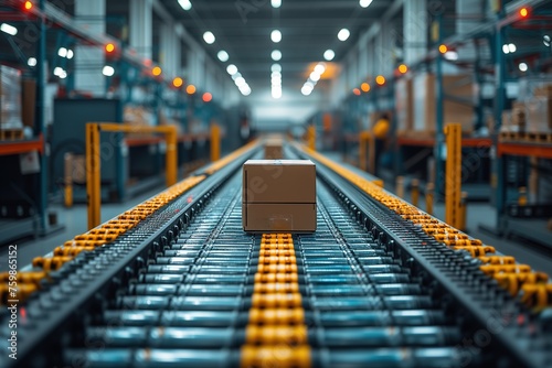 A single cardboard box sits centered on a yellow conveyor belt in a distribution center photo