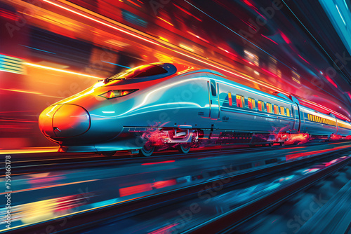 Dynamic high-speed train in motion. Futuristic railway transportation concept artwork for modern travel and technology themes