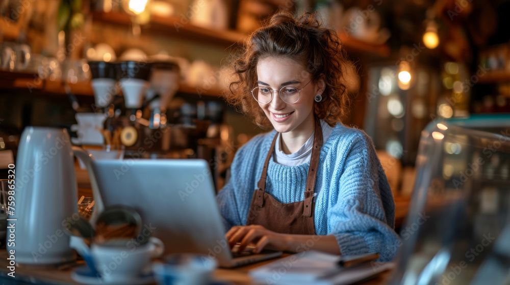 young woman wearing glasses, focused on working on her laptop in a cozy café environment young woman wearing glasses, focused on working on her laptop in a cozy café environment