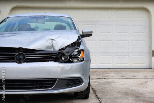 Damaged car after traffic accident parked on private home driveway. Dented vehicle in need of repair
