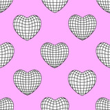 Seamless pattern with wireframe heart shapes. Vector outline background with disco balls. Cyberpunk futuristic retro brutalism concept