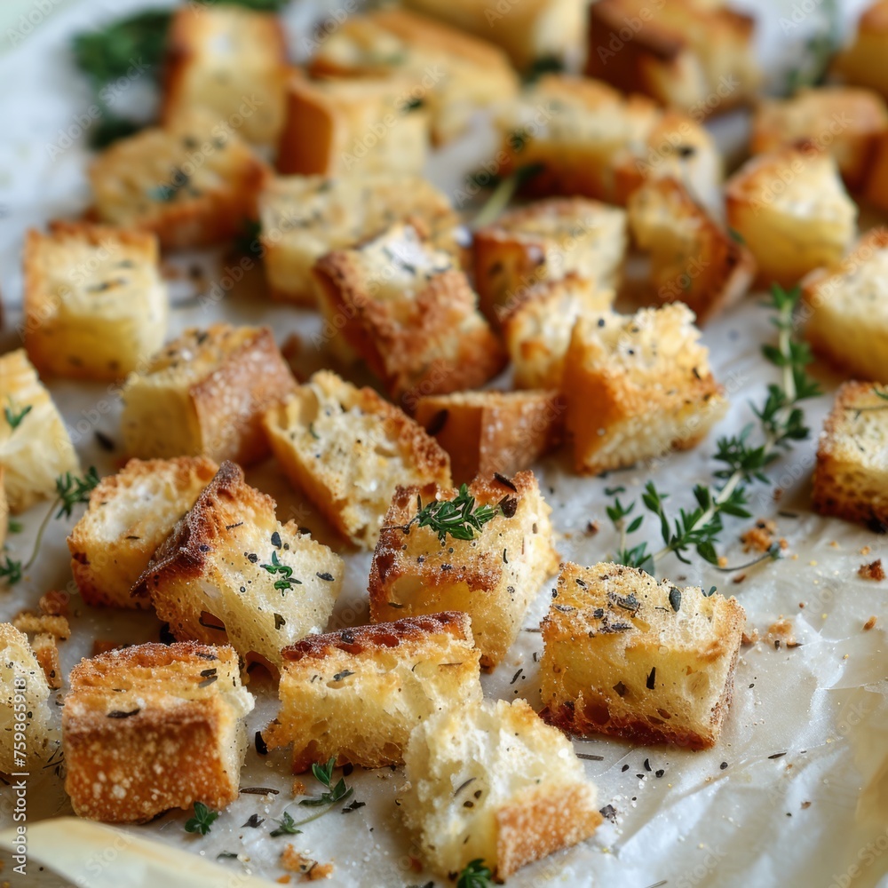  croutons still warm from the oven, dusted with herbs
