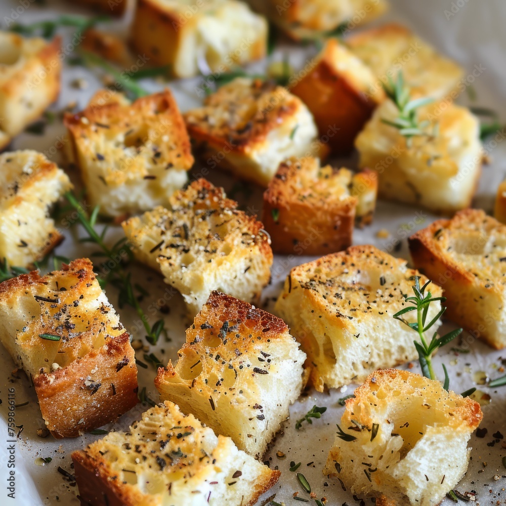 croutons still warm from the oven, dusted with herbs,close up croutons still warm from the oven, dusted with herbs,close up