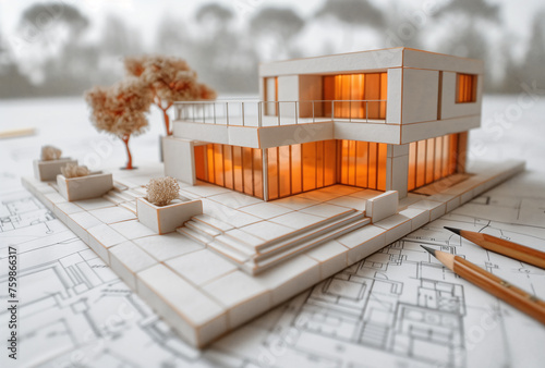 Architekturmodell eines energieeffizienten Hauses mit Bauplänen und warmem Licht, Immobilien Konzept