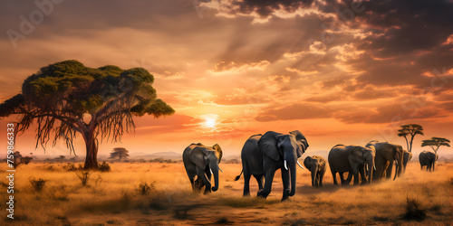 herd of elephants at sunset. herd of elephants in a forest with the sun shining on them