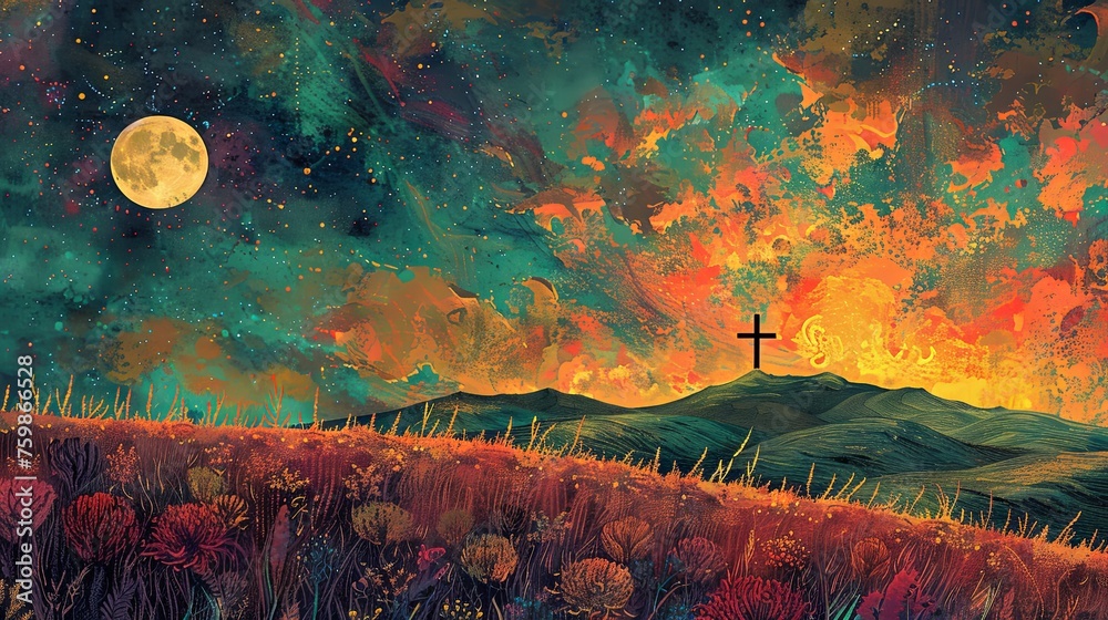 A surreal painting depicting a person's silhouette near a cross in a vibrant, flower-filled field under a fiery sunset.
