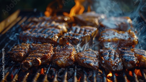 Sizzling barbecue feast with juicy meats grilling over flames