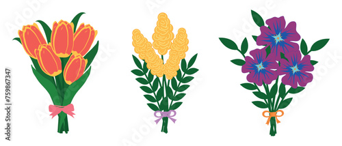 Collection of floral holiday bouquets. Boutonnieres made of wild and garden flowers. Vector illustration on a white background. Congratulatory, holiday clipart.