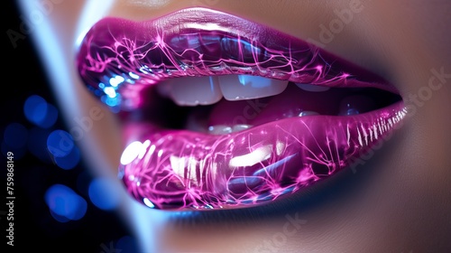 female lips extreme close up shot, pink glowing radium lips made with diamond engraved, shining effect, highly detailed, intricate, 8k - generative ai photo