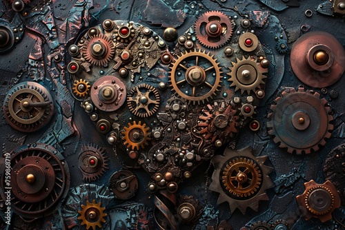 Close up view of a maze of gears and cogs intricately intertwined to form a heart shape. Generative AI photo