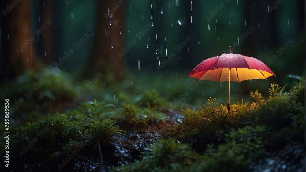 rain with umbrella forest landscape