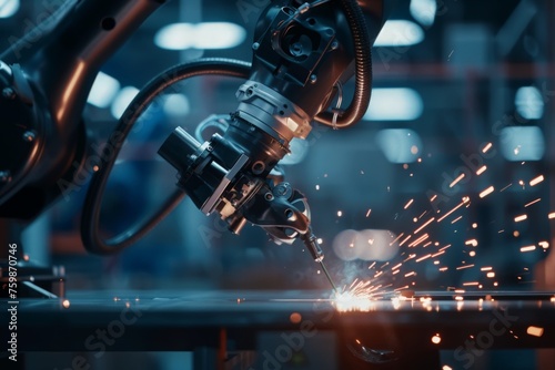 A robotic arm performs delicate welding work, sparks illuminating its precision.