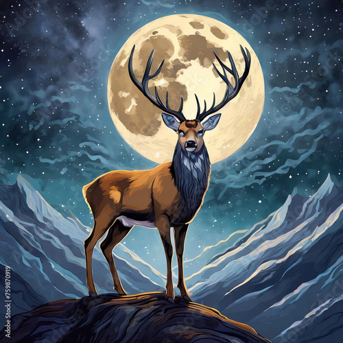 Majestic buck standing under the moon 보름달 아래 신비한 사슴