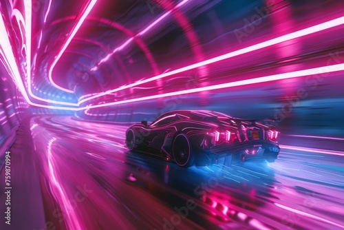 A car navigates through a vibrant tunnel illuminated by neon lights  creating a mesmerizing and futuristic atmosphere.