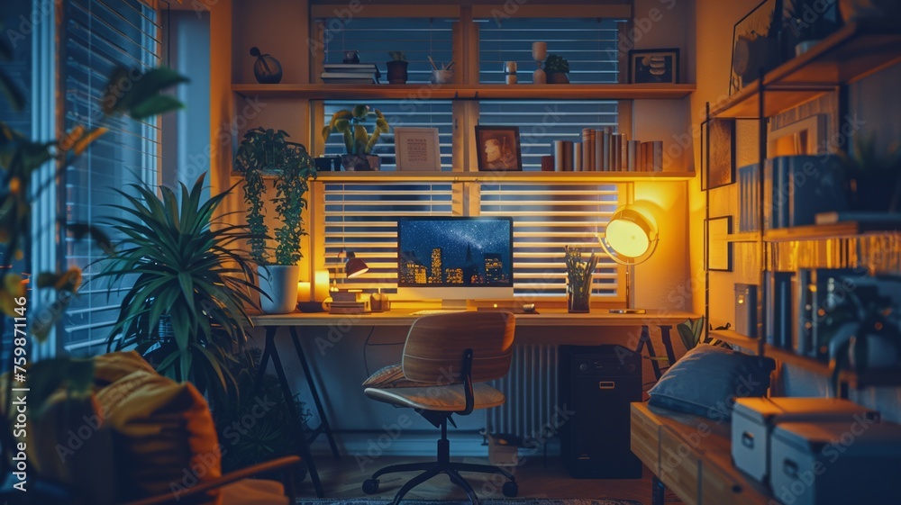 Modern home office with sleek design and environmentally conscious lighting - obrazy, fototapety, plakaty 