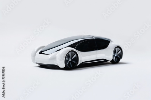 A stunning white and black car is parked on a pristine white surface, showcasing a sleek and modern design.