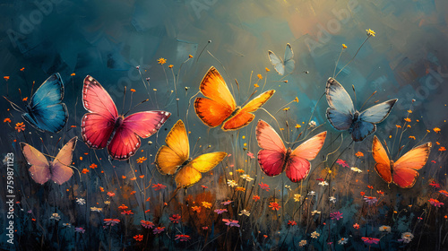 Bunte Schmetterlinge Hintergrund Background Wallpaper Frühling Sommer Natur Blumenwiese Bunt Farbenfroh Lebendig Leben Lebensfreude Künstlerisch Acryl Farbe