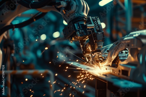 A robotic arm performs a precise welding task on an automotive assembly line, sparks flying. photo