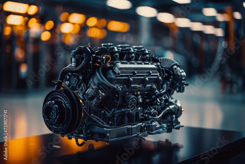 A state-of-the-art automotive engine is exhibited in this close-up view, showcasing intricate details on a tabletop.