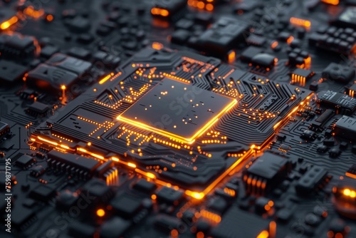 A close-up view of a circuit board with vibrant yellow lights shining, resembling a futuristic and artistic techno hive. photo