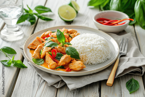 Delicious Plate of Thai Red Curry Chicken and White Rice on a Wooden Table