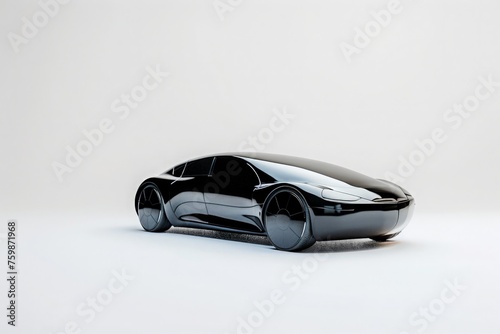 A glossy black model of a car sits elegantly on a clean white background, showcasing its modern design and sleek curves.