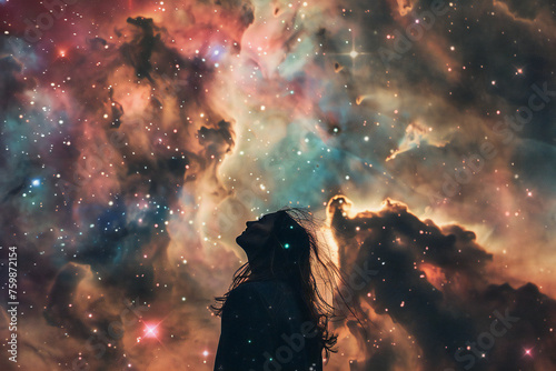Woman Gazing at Cosmic Wonders: A Celestial Dreamscape