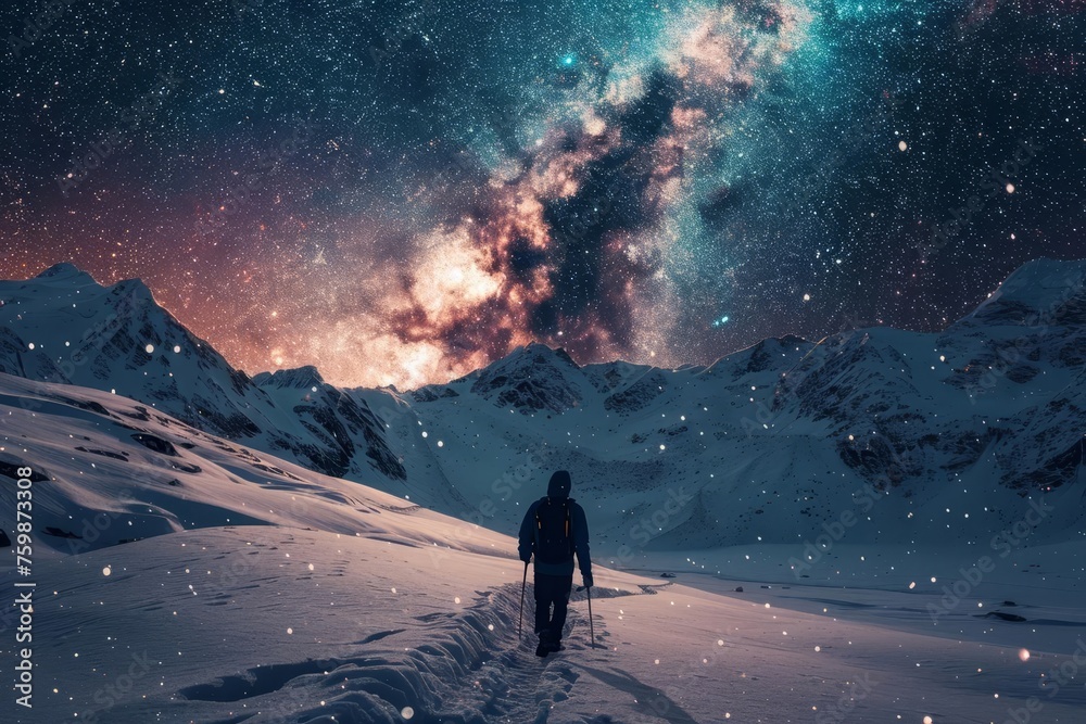 Adventurous soul navigating a starlit path Snowy mountains under the cosmic glow of the milky way