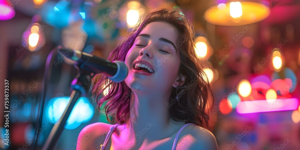 A young woman singing karaoke in a vibrant bar with neon lights. Concept Nightlife Scenes, Singing Performance, Karaoke Night, Neon Lights, Vibrant Atmosphere
