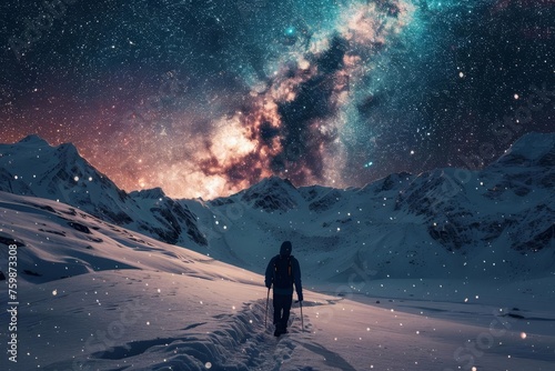 Adventurous soul navigating a starlit path Snowy mountains under the cosmic glow of the milky way