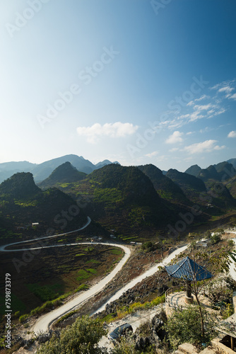 Ha Giang aerial landscape in Northern Vietnam. drone aerial view of Ha Giang Loop tour route scenery, 