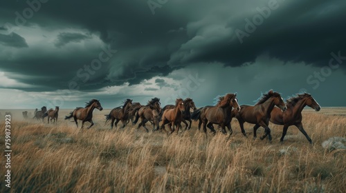 Free Roaming Wild Horses in Stormy Field