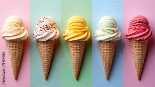 Various flavors of ice cream on a colorful background. Summer concept.