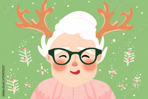 Attractive Female with Vintage Glasses and Santa Claus Hat  Celebrating Merry Christmas in a Funny Cartoon Portrait