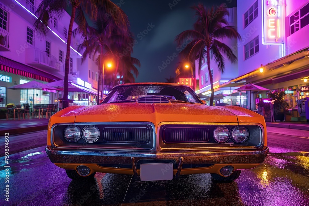 Retro car basking in neon glow, palm silhouettes against a twilight sky, reflecting on wet ground