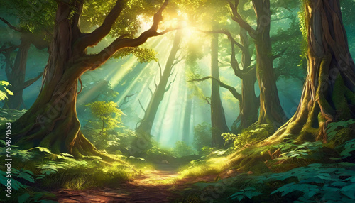 In a dense forest  sunlight shines through the dense trees.
