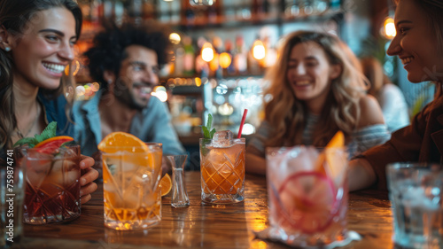 Group of young adults enjoying cocktails at a bar