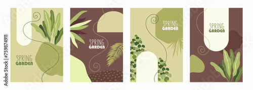 Botanical natural design. Set of vertical templates for posters, banners, cards, flyers, brochures. Plants and leaves. Eco. Spring garden. Vector flat illustration.