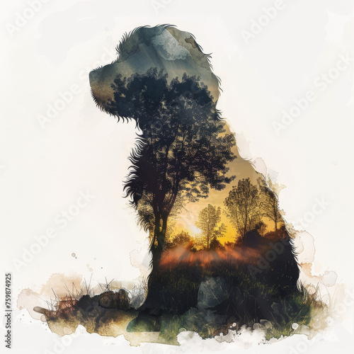 Bichon Frise Silhouette Double Exposure with Park Watercolor Art Gen AI photo