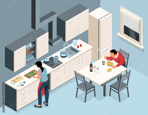 Isometric Kitchen Interior Composition With People Modern Kitchen Scenery With Cooking Woman Eating