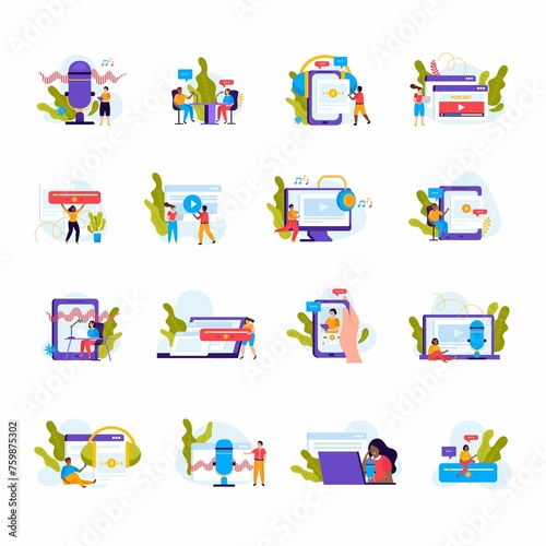Podcast Flat Conceptual Icons Set With Gadgets People Wearing Headphones Isolated Vector Illustratio