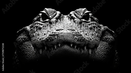 Minimalist mad alligator against black background, close-up alligator’s face showcasing its sharp teeth and textured skin photo