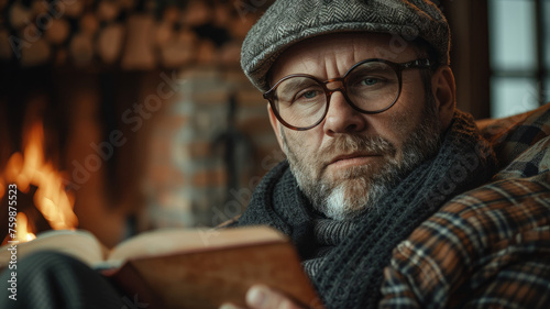 A senior man reading by the fireplace.