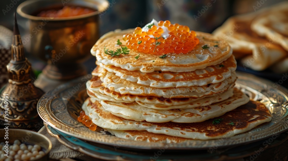 A stack of traditional Russian blini topped with sour cream and salmon roe, served on an ornate plate with cultural decorations.