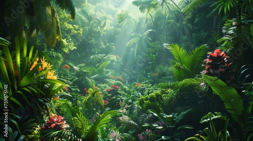 Sunbeams pour through the verdant canopy of a dense tropical rainforest, highlighting the vibrant flora below.