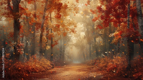 A dreamlike path through an autumn forest, with rays of light filtering through the trees and leaves gently falling to the ground.