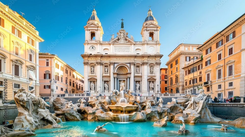 View of the iconic trevi fountain in rome, italy, showcasing its intricate baroque architecture against a clear blue sky