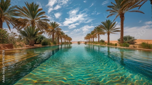 A clear waterway flanked by rows of palm trees creates a lush oasis in the heart of a sandy desert under a bright blue sky. © Sodapeaw