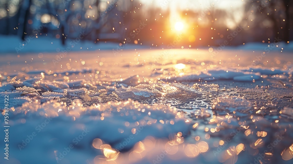 Close-up of delicate snowflakes sparkling in the golden warmth of a winter sunrise. - obrazy, fototapety, plakaty 